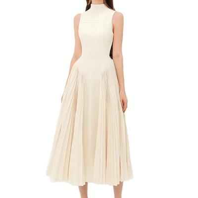 Summer Women's Stand-up Collar Temperament Light Mature Wind Dress Pleated Spelling Receiving Waist Dress Long Dresses