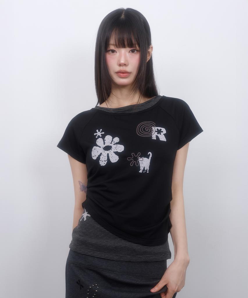 LMR Motif Embroidered Stripe Layered Short Sleeve T-Shirt Black Stripe