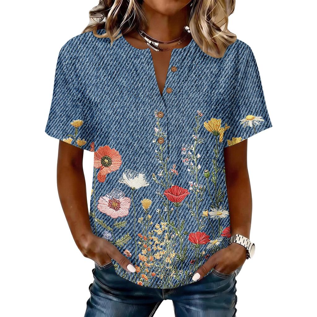 Women's Vintage Floral Print Henley Button Neck Short Sleeve Shirt Lightweight Cotton Linen Blend Casual Top for Everyday Wear
