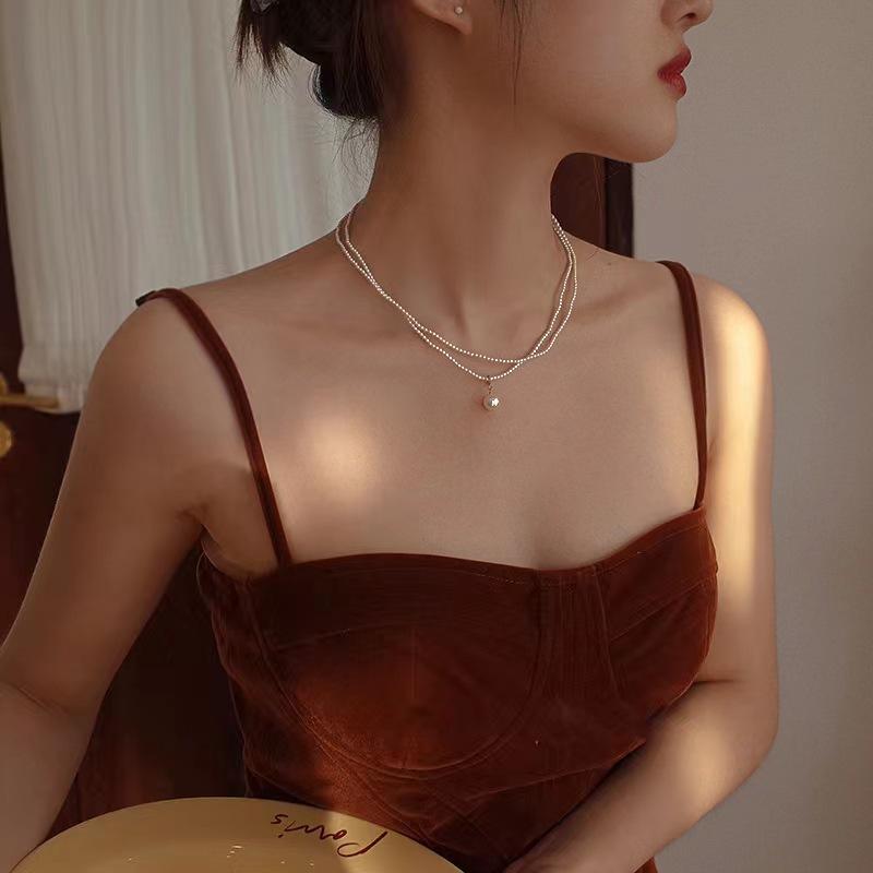 French small fragrant style retro double layer stacked pearl necklace sweet temperament niche design sense collarbone chain neck chain