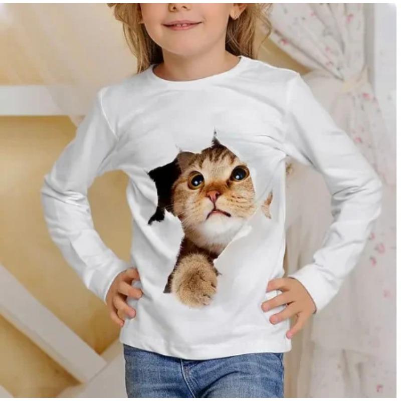 3D Pattern Cat T-shirt Long Sleeve Printed Fun Children's Girls' Top