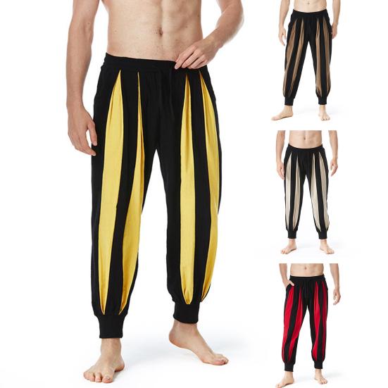 Men Pants Cotton Linen Casual Trousers Loose Fit Elastic Waist Color Block Design Relaxed Fit Long Pants Daily Wear