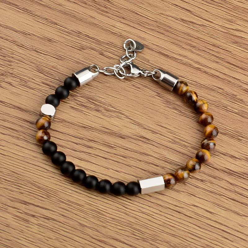 Men's Adjustable Tiger Eye Stainless Steel Beaded Bracelet - European and American Style