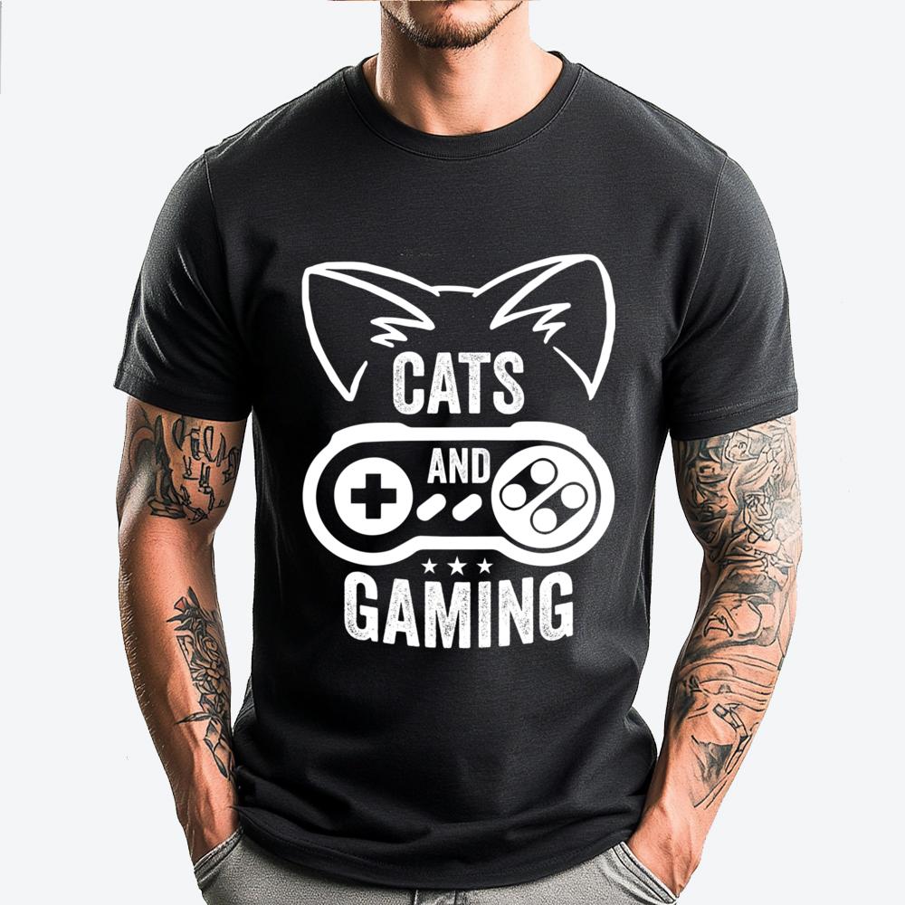 Cats And Gaming Cat Lover Gaming Gamer Black Shirt Graphic Tees Custom T Shirt Luxury Clothing Breathable Printed - Men s Sum... S разноцветный
