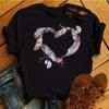 New Women Black T Shirt Feather Flower Love Heart Printed Tops Ladies Female Cute Graphic Tee Shirts Women O-Neck T-Shirts Tops