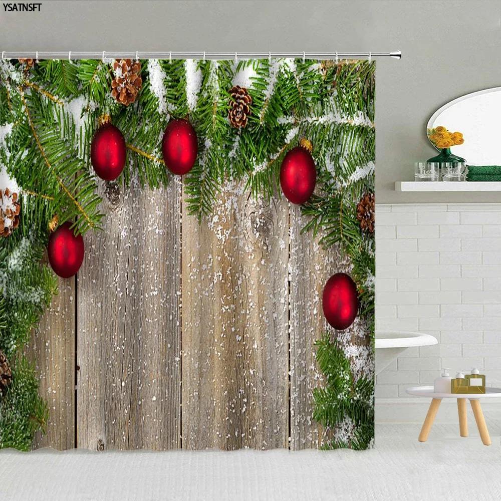 Christmas Shower Curtain Sets Vintage Red Truck Xmas Ball Pine Tree Snowman Winter New Year Gift Bathroom Decor Bath Curtains