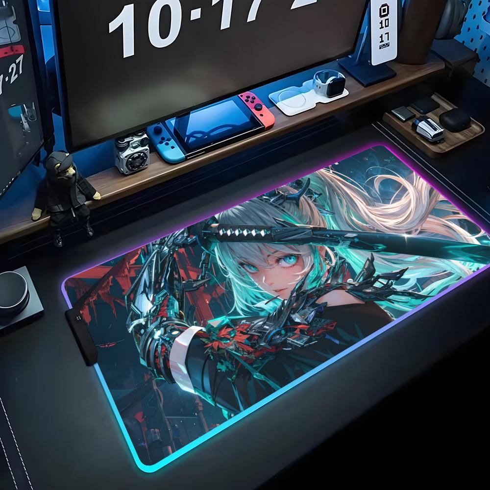 Anime Girls Mouse Pad RGB Gaming Mousepad Big LED Pad PC Desk Mat Luminous Mouse Pad Large Keyboard Mats Table Rug With Backlit