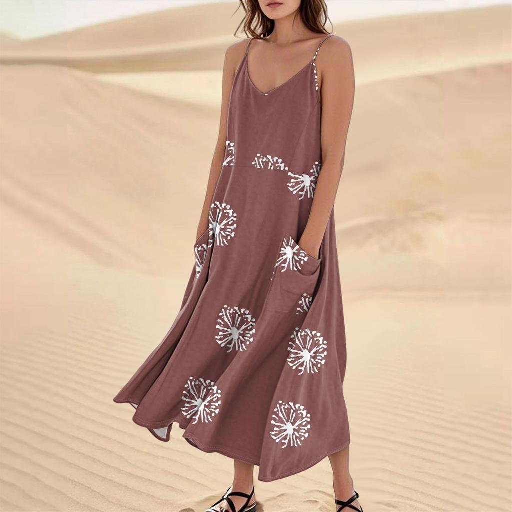 Women's Casual V Neck Dot Print Sleeveless Pocket Suspender Dress