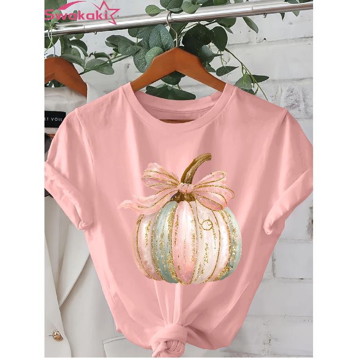 Women's casual short‑sleeved round‑neck top T Shirt ‑ Cartoon pumpkin pattern print Pink and blue glitter design Lightweight summer and spring