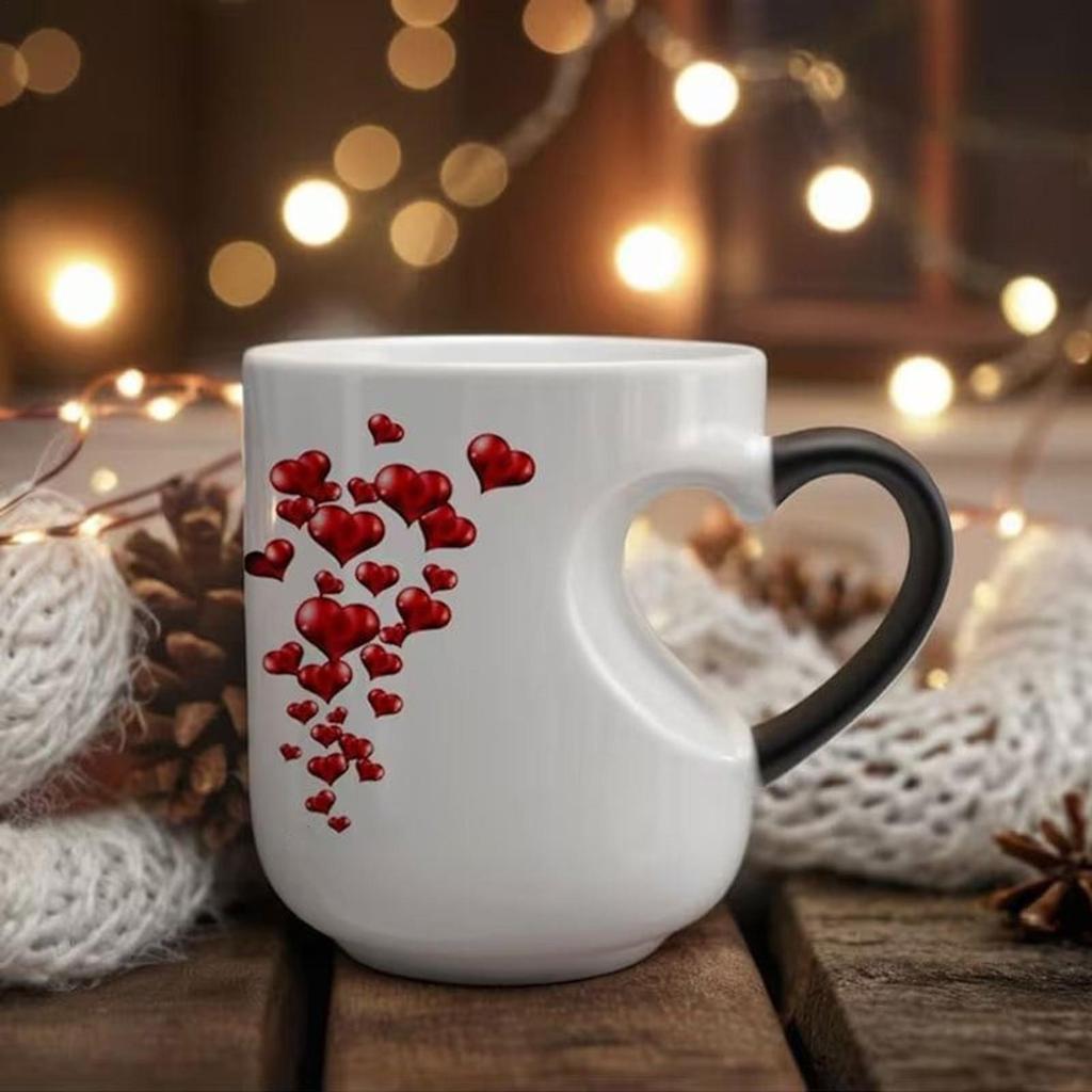 Color Change Mug with Heart Shape Handle, Coffee Milk Juice Cup Ceramic Heat Activated Mug, Creative Romantic Birthday Gifts
