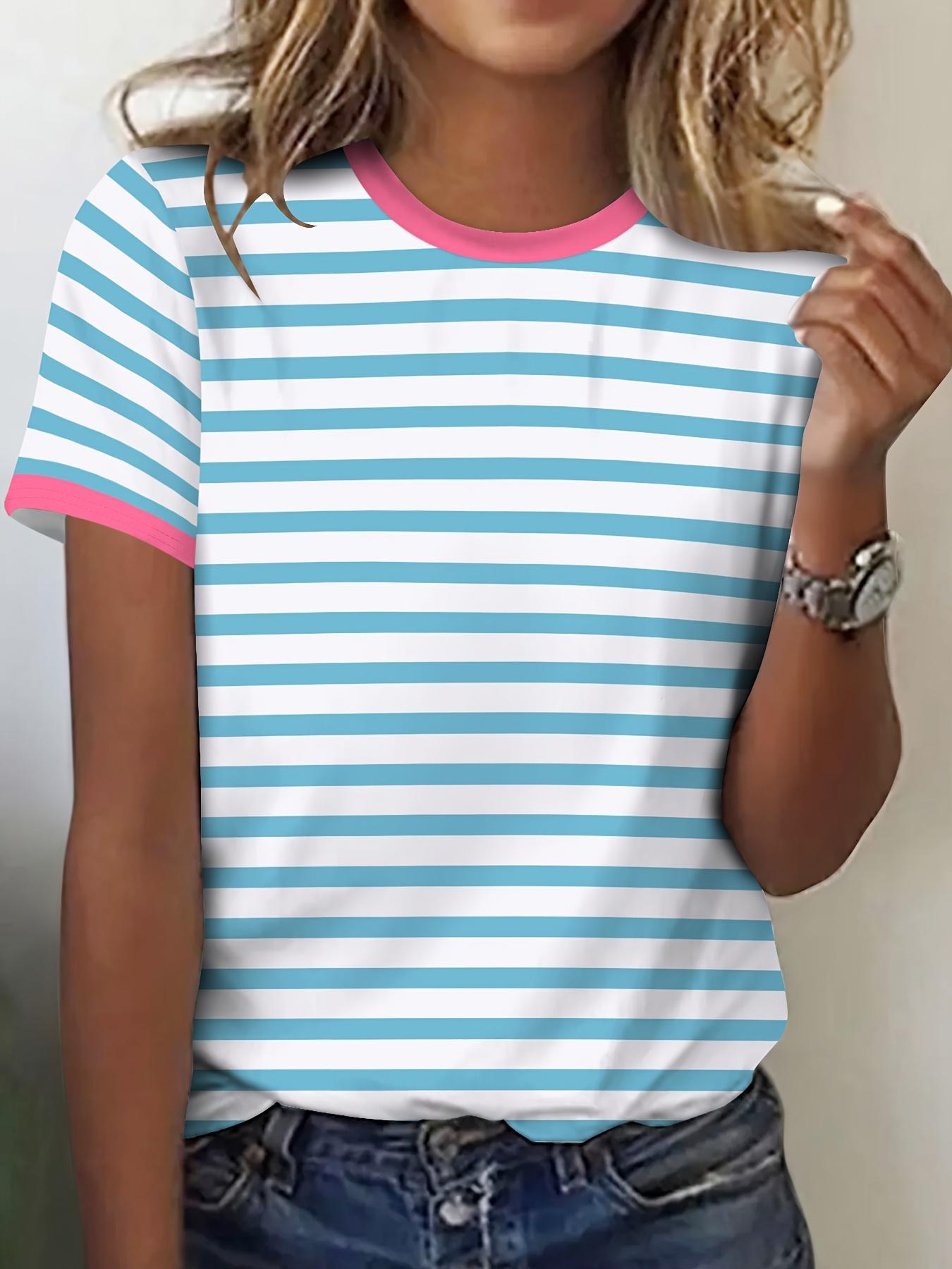 Contrast striped breathable 3D printed round neck short-sleeved T-shirt new women s short-sleeved top XXS