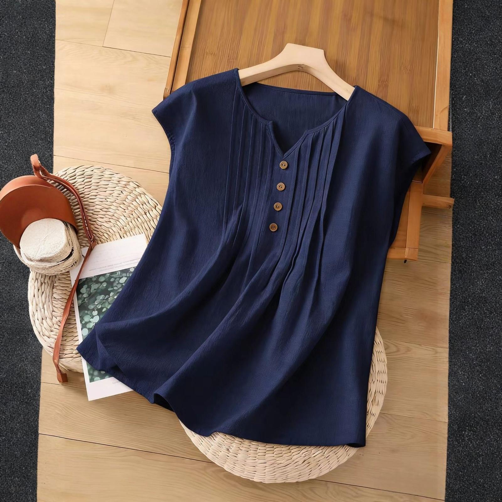 Женская модная многоцветная свободная повседневная хлопково-льняная блузка на пуговицах L темно-синий