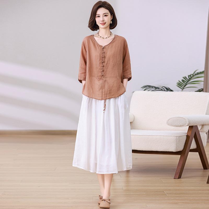 

Женский повседневный комплект из рами, состоящий из двух частей: Стиль Лето 2025 - Свободные брюки широкого кроя, Омолаживающие, Стройнящие, Модные и Трендовые. M 100-115 lbs