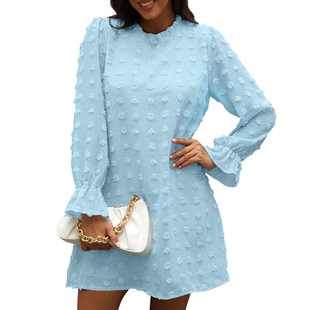 Women's Fall Dress Long Sleeve Dot  Dresses Loose Chiffon Casual Short Dress