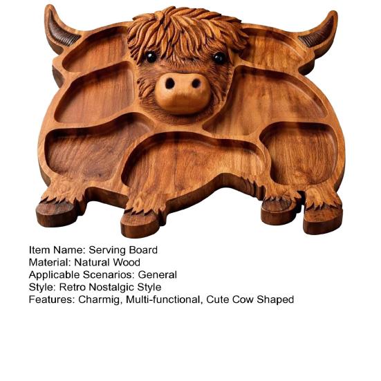 Dřevěná charcuterie deska s krávou z Vysočiny Roztomilý servírovací podnos ve tvaru krávy Rustikální farmářský talíř na jídlo s přihrádkami na sýr maso ovoce svačiny