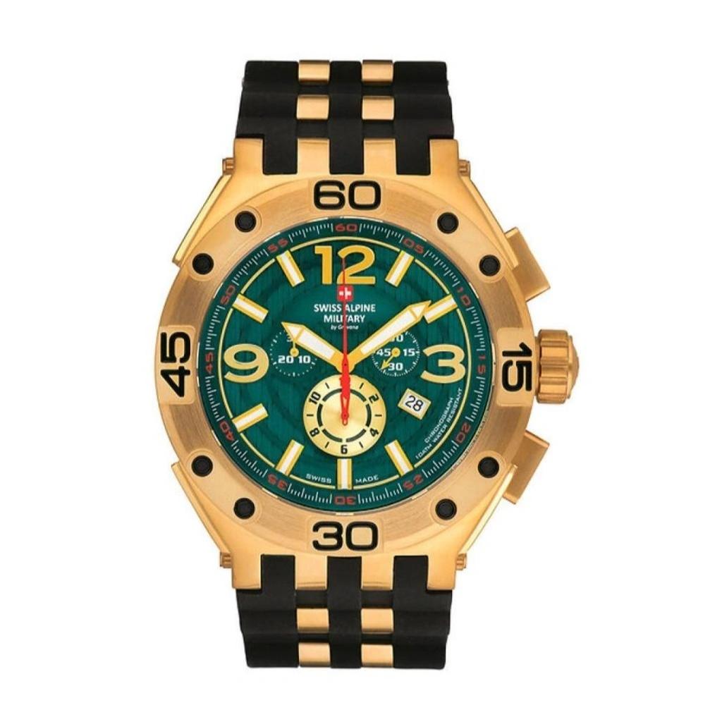Swiss Alpine Military Aviator Supersize Chronograph Rubber Strap Green Dial Quartz 7033.9814 100M Men's Watch
