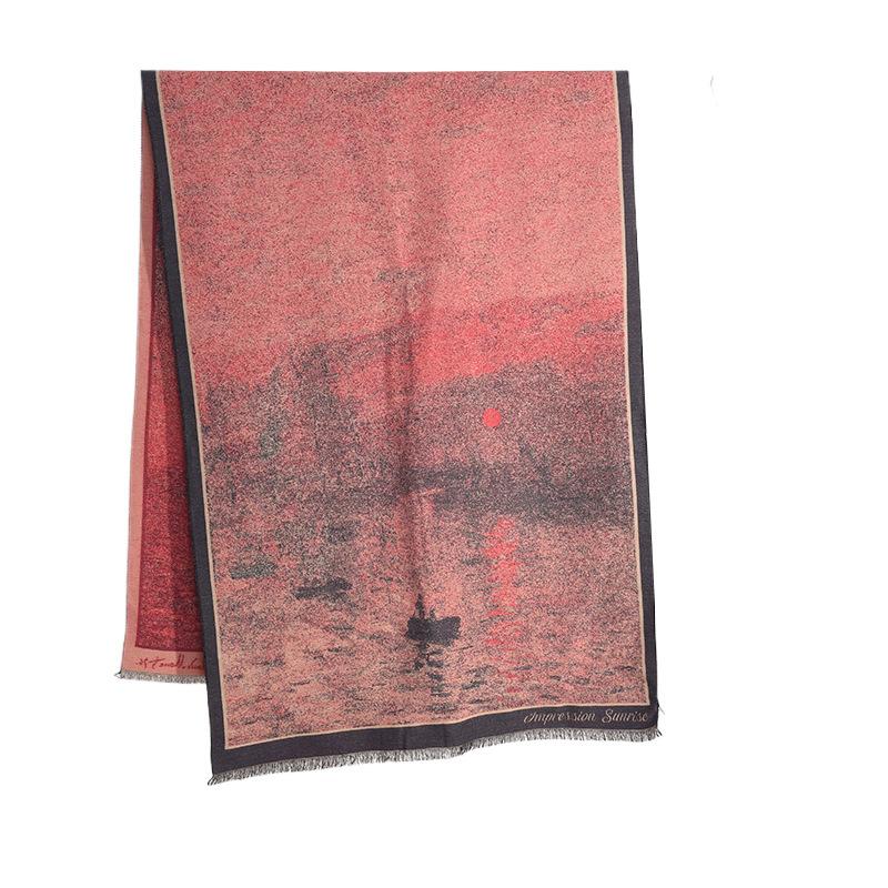 Autumn and winter atmosphere, students wear beautiful outfits, sunset afterglow printing shawl, fashionable and high-end elegant scarf
