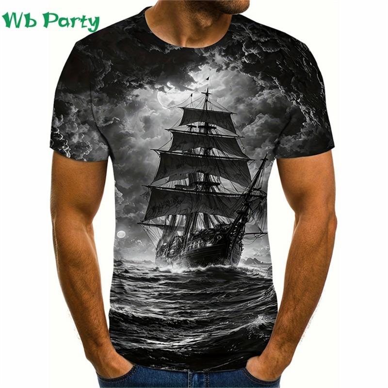 Pattern Print Mens Clothing T Shirt for Men Short Sleeve Tee Gym Clothing Men Male T-shirt Pirate Ship Print Clothes