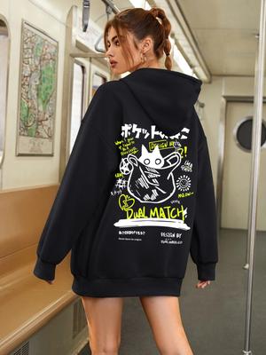 Cute Cat Cartoon Printed Sweatshirt Women Harajuku Casual Loose Hooded Fashion Soft Pocket Hoodies Autumn Warm Female Clothes