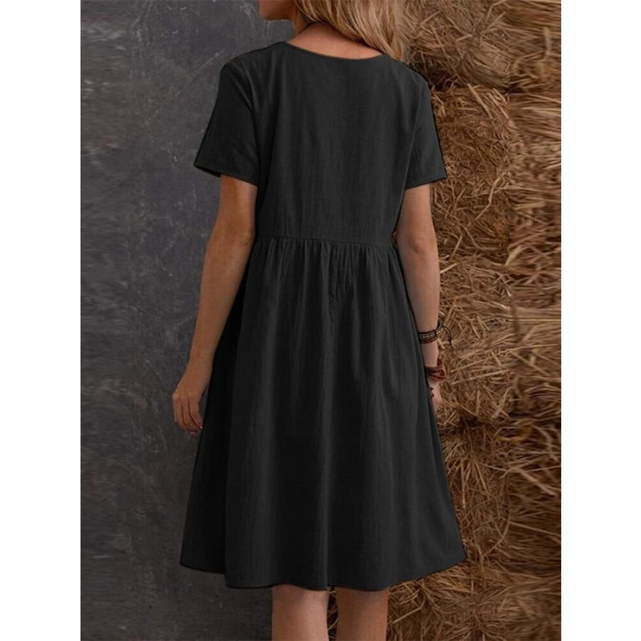 Abito Midi Estivo Casual da Spiaggia da Donna Cotone Lino Manica Corta Abiti Fluenti con Tasche
