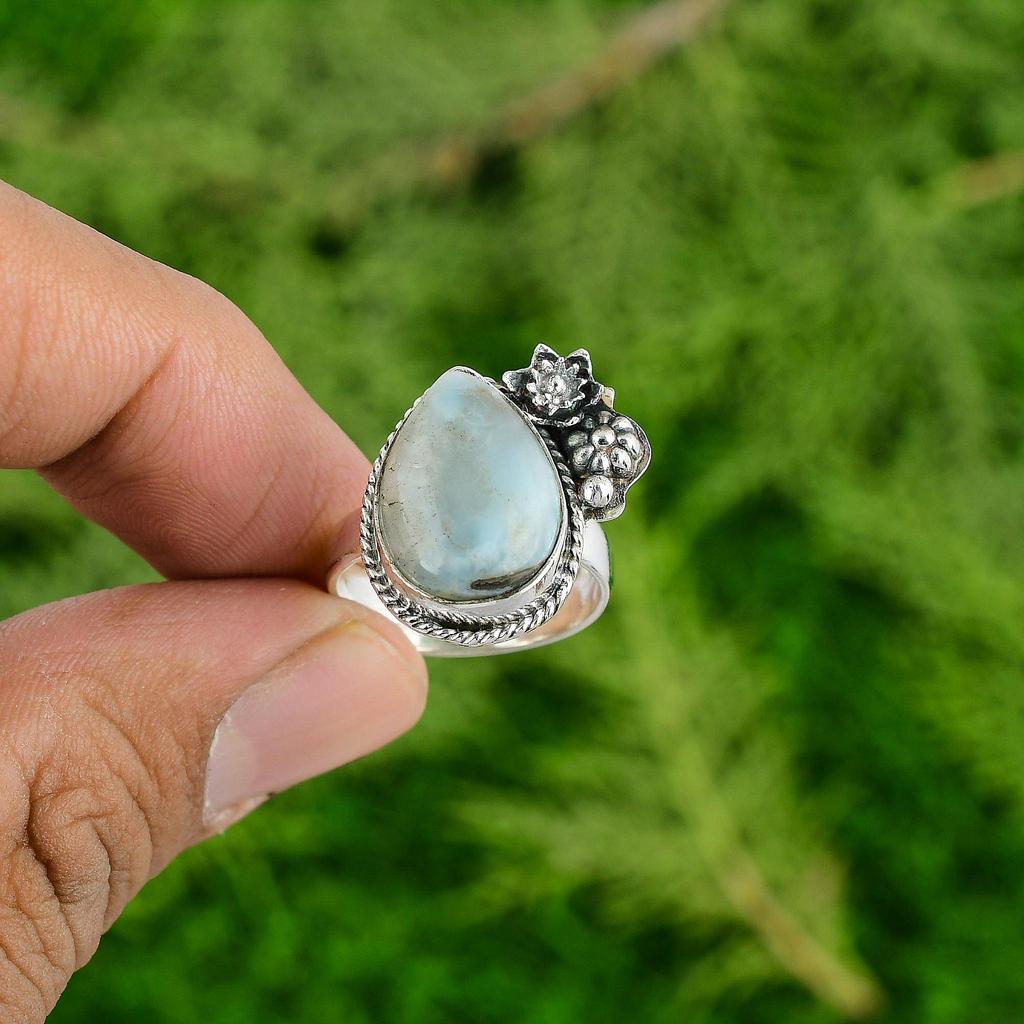 Larimar Stone 925 Sterling Silver Mother Boho Stackable New Flower Artisan Ring