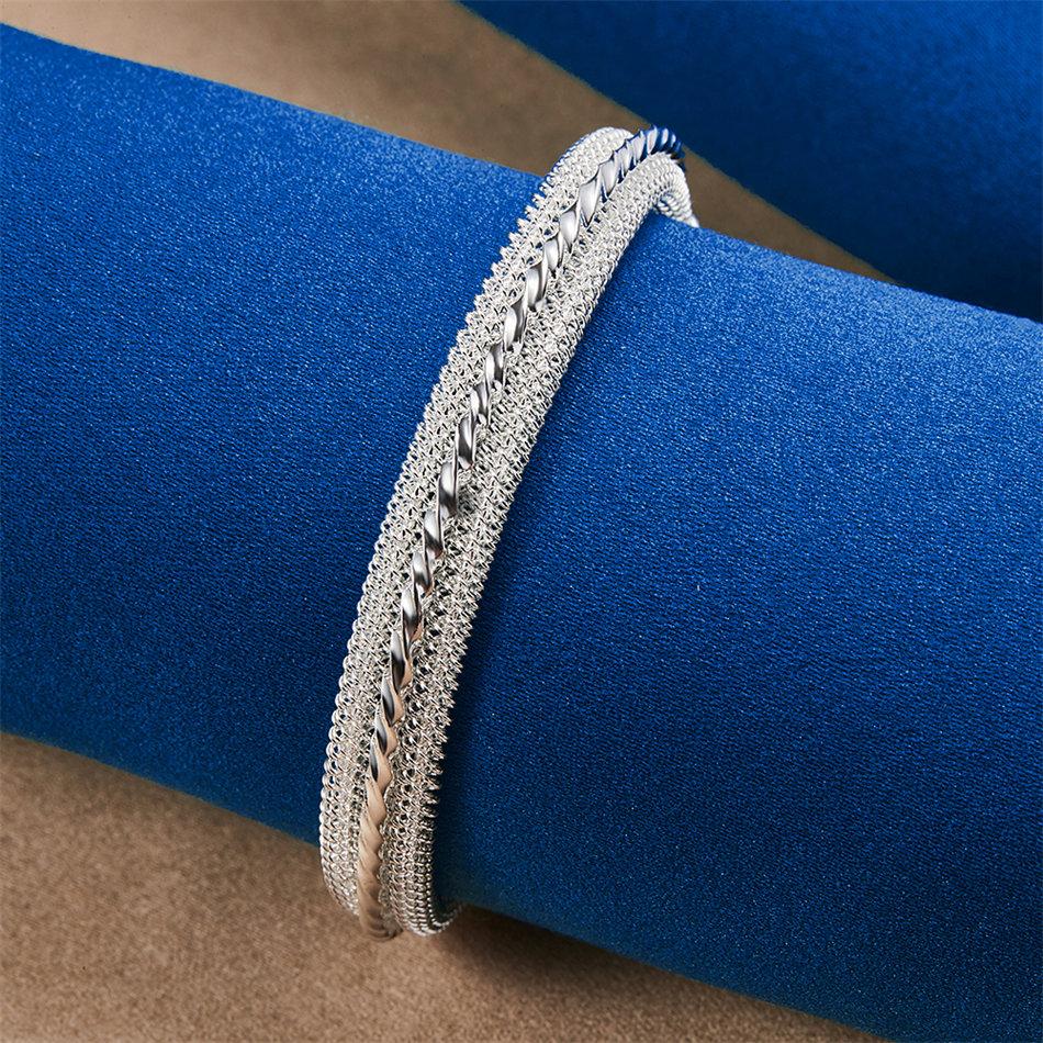 Elegant 925 Sterling Silver Twisted Woven Mesh Open Bangle for Women, Fashionable Wedding Party Accessories