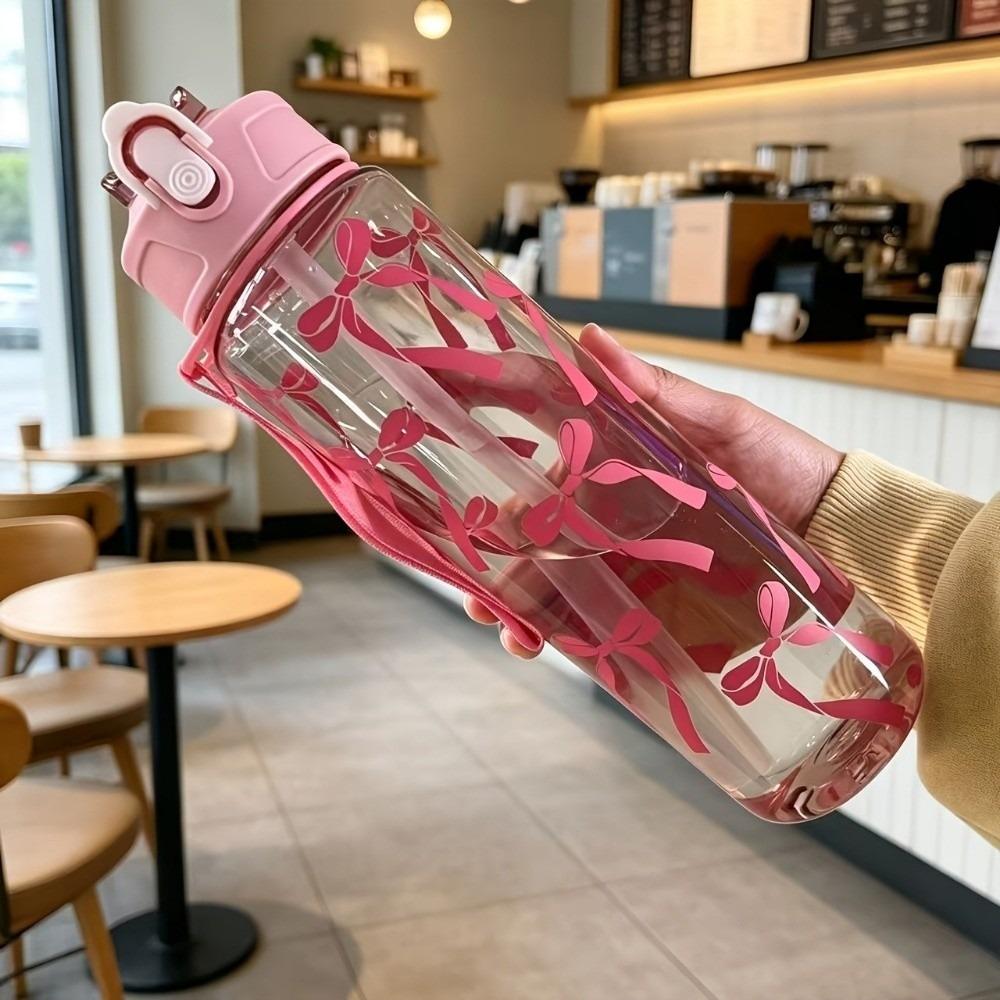 Durable 800ML Water Bottle Bow Flower Printed Leak Proof Straw Cup Large Capacity Plastic Water Cup Travel