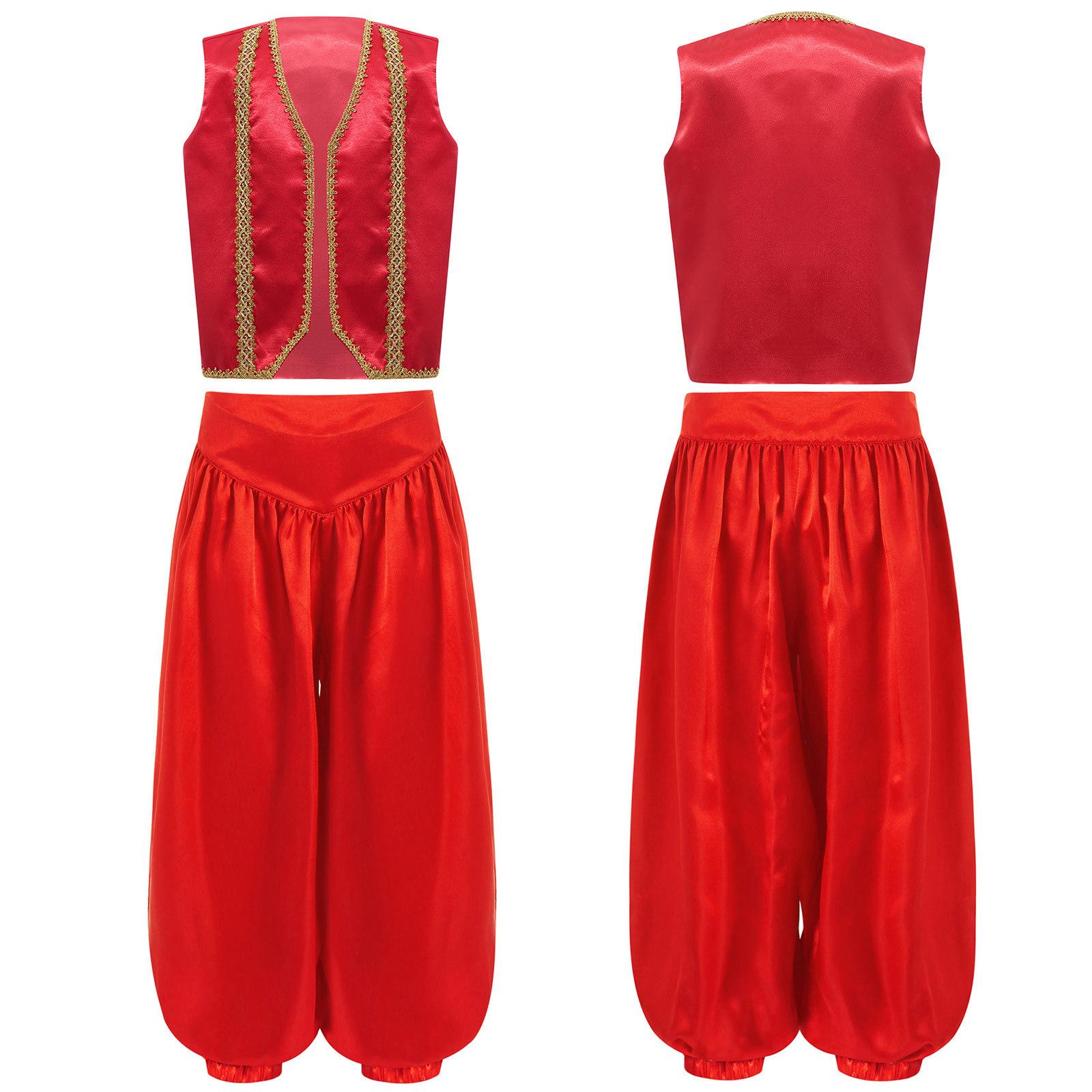 

Детский сказочный косплей костюм Жилет с золотой отделкой и широкие штаны-блумеры Комплект для танца живота, маскарадных вечеринок 5-6 Years бордовый