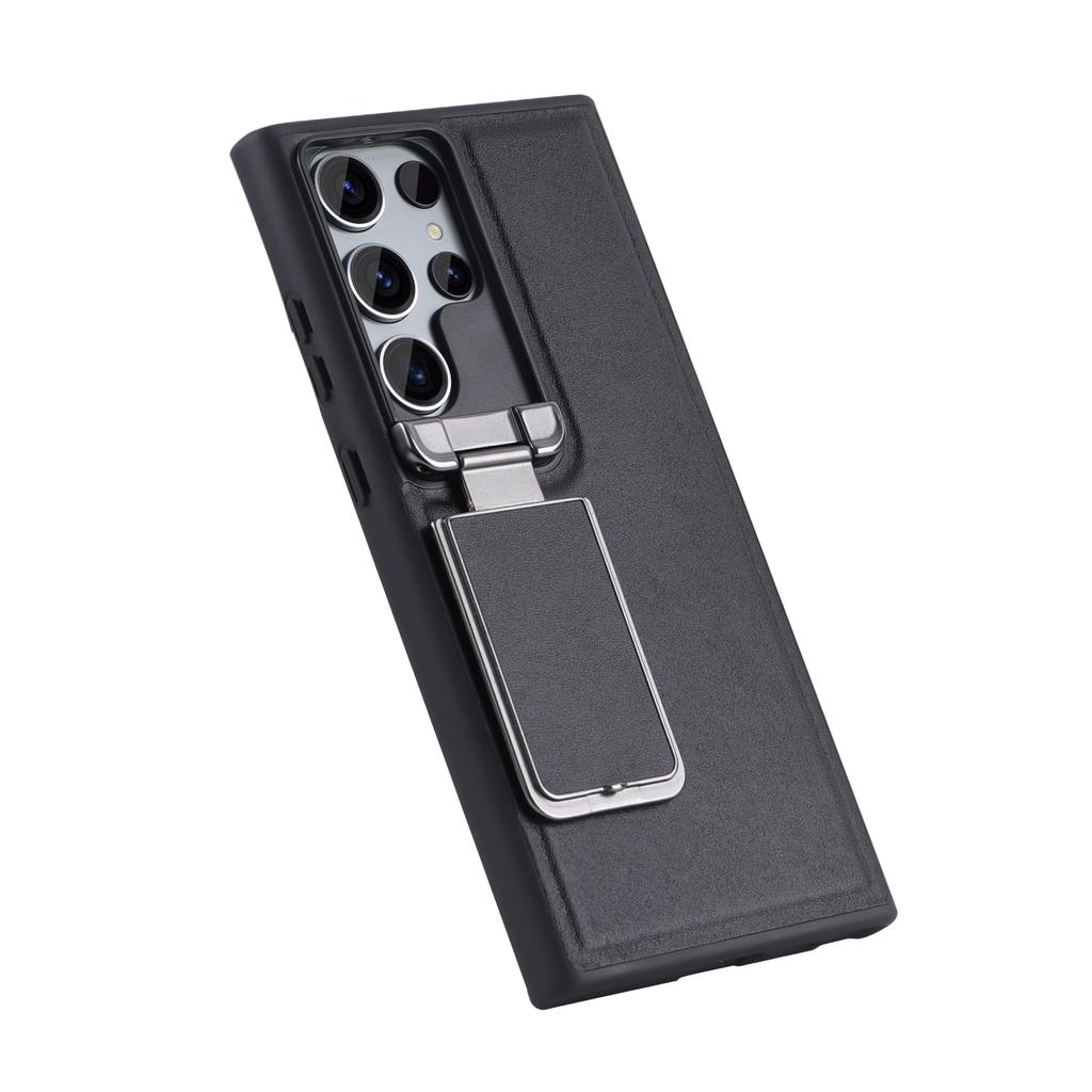 For Samsung Galaxy S25 Ultra S24 S23 Matte Plain Leather Flip Up Lens Bracket Case Protection Cover Accessory