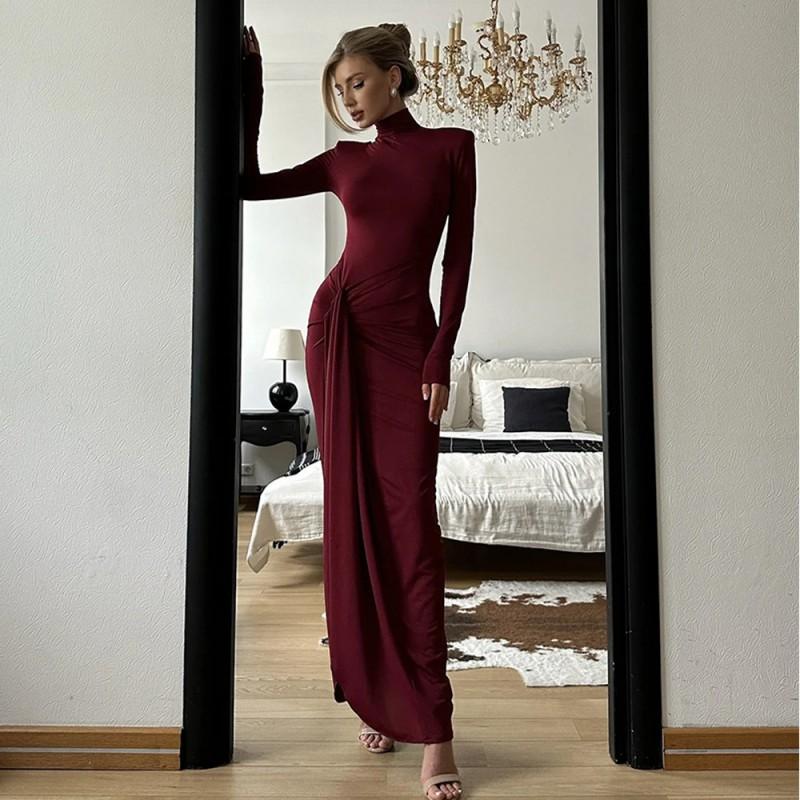 Womens Fall Winter Slim Fit Dress High Neck Long Sleeve Split Elegant Fashion Party