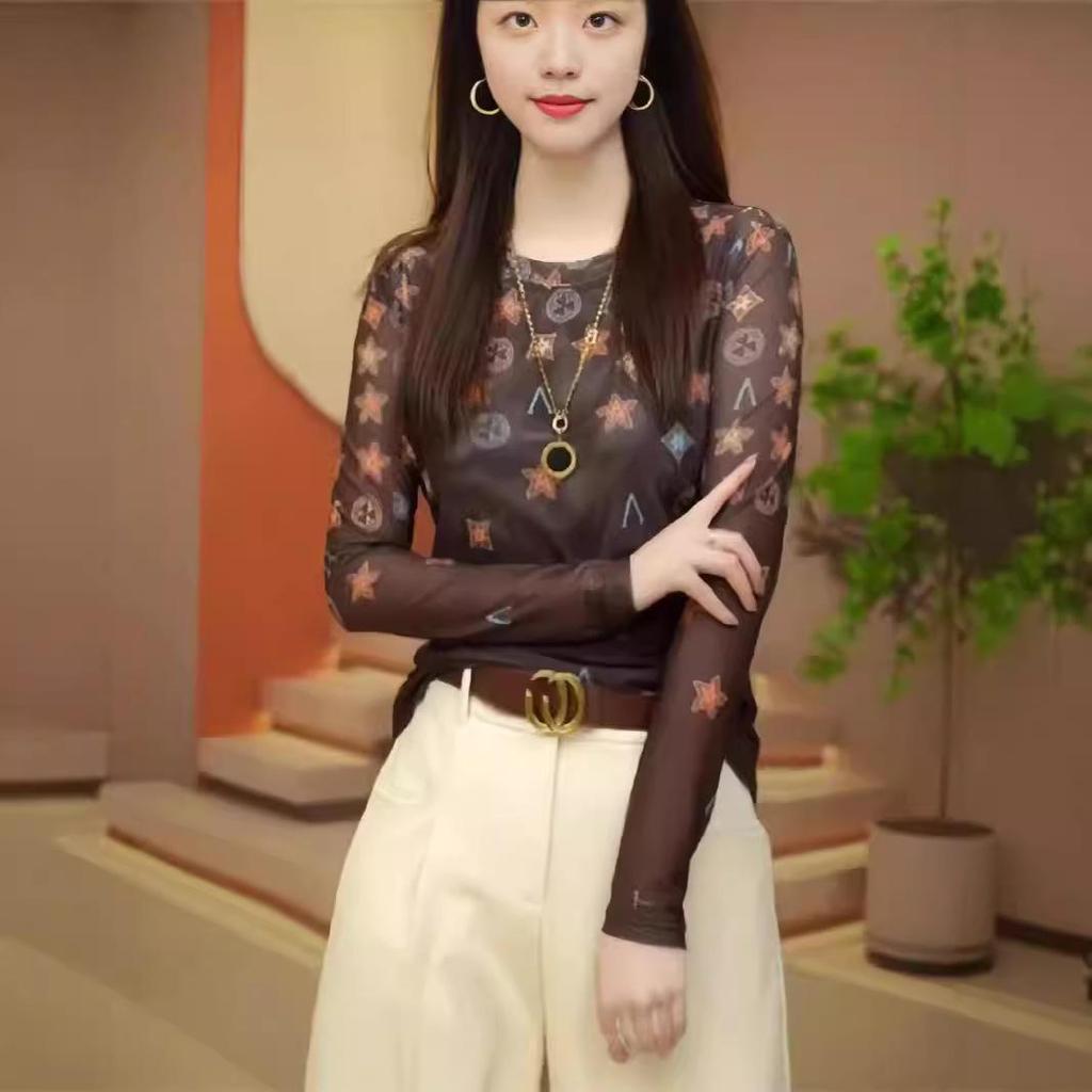 Women's 2025 Retro Print Mesh Long Sleeve T-Shirt – Stylish, Versatile Inner Layer Fashion Top