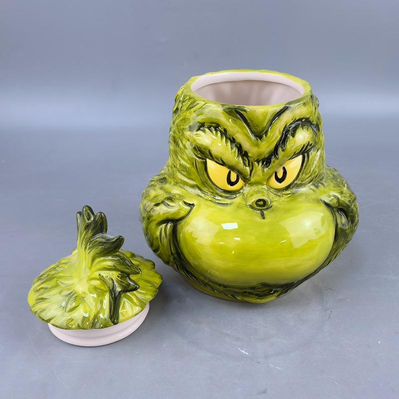 Weihnachts-Hochwertige Schildkröte Keramik Grünhaariger Grinch Maske Süßigkeitenglas Seltsames Seltsames Aufbewahrungsglas