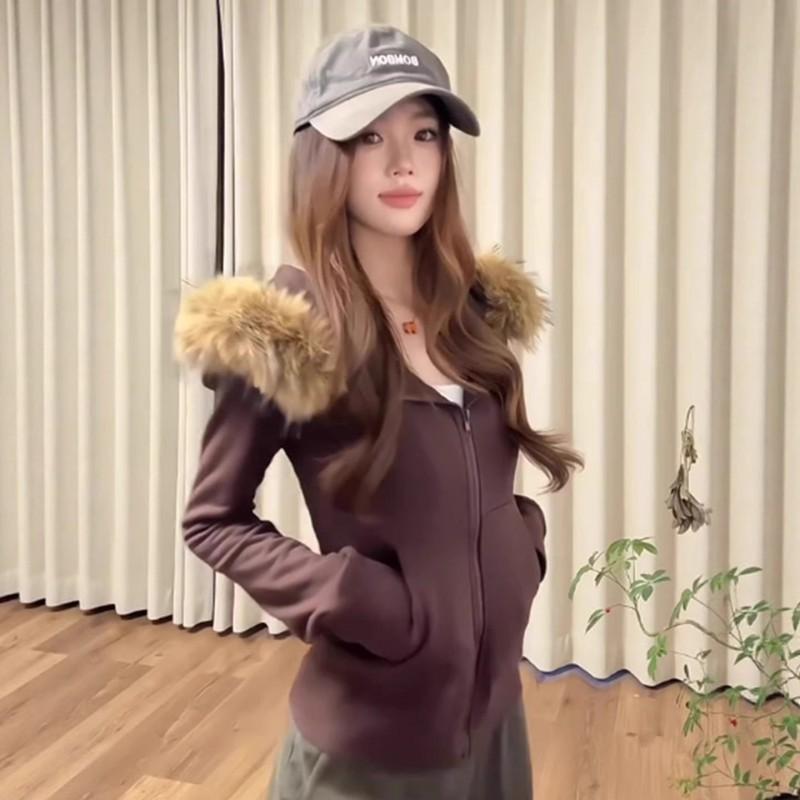 Womens Brown Retro Fleece Hooded Zip Cardigan Slim Fit Short Top Streetwear