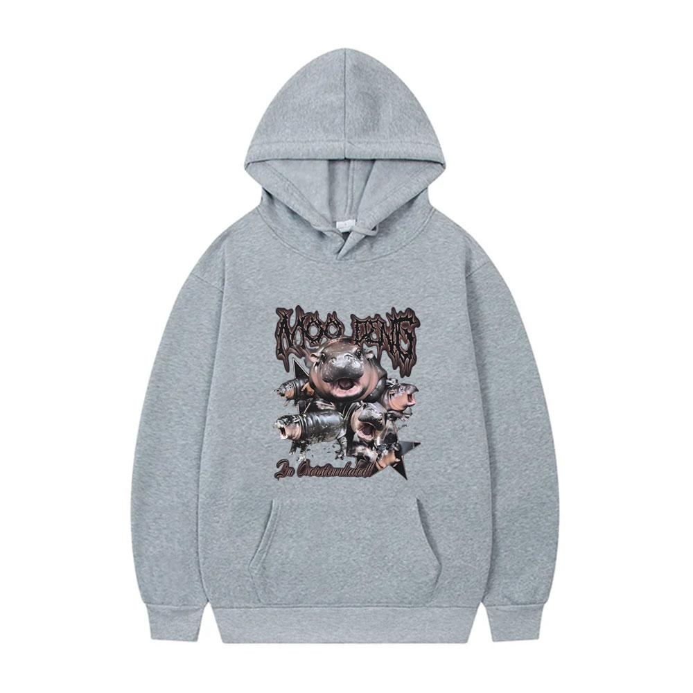 Moo Deng Vintage Grafik Hoodie Baby Nilpferd Lustiges Meme Kapuzen Trainingsanzug Herren Damen 90er Übergroßer Pullover Männlich Gothic Rock Hoodies