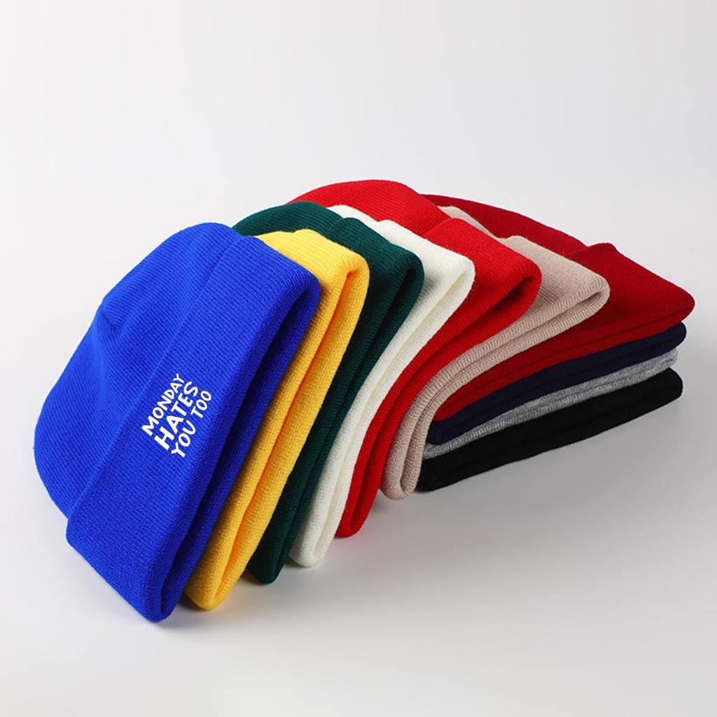MONDAY HATES YOU TOO" Warm Knit Cap Beanie, White Text Man Cap Stretchy Candy Color Solid Color Gorro Knitted Hat Beanie