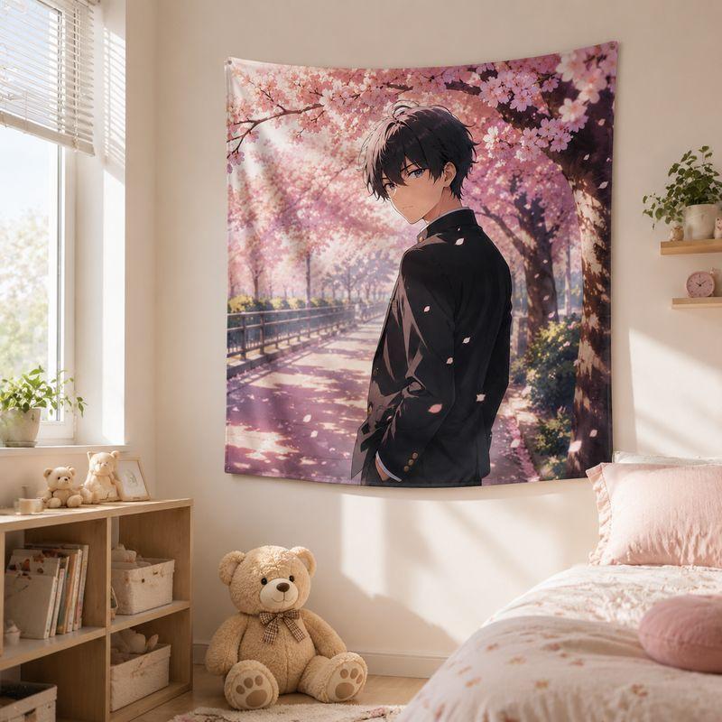 Japanese Healing Style Anime Tapestry, Wall Hanging for Bedroom Dormitory, Soft Aesthetic Home Wall Decoration