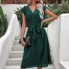 Women's Loose Casual V-Neck Belt Solid Color Dress Fashionable Dress Fashionable Dress