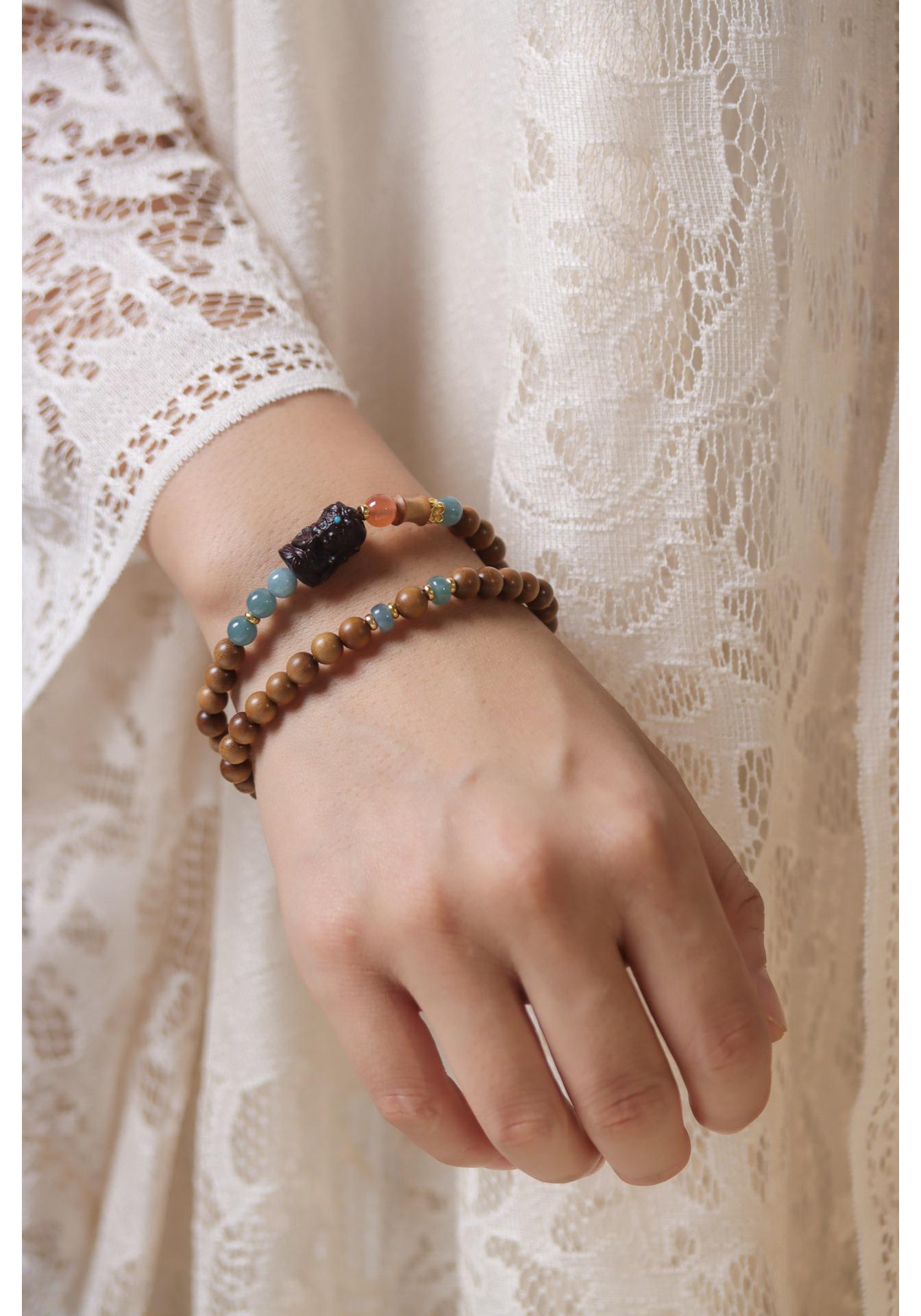 Old Mountain Sandalwood & Hetian Jade Double Circle Bracelet - New Chinese Style with Milk Fragrance Beads.