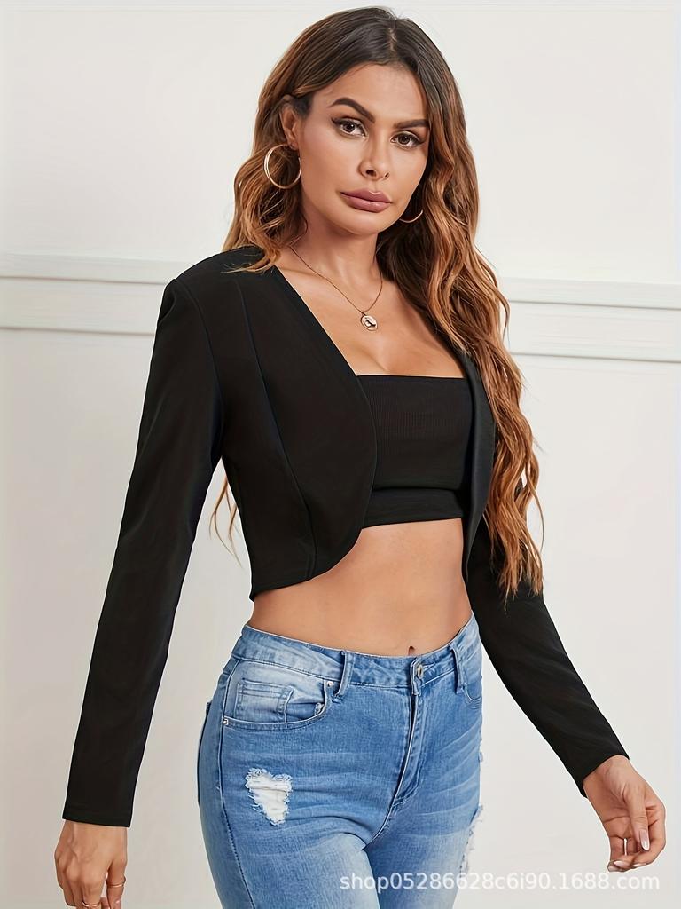 Blazer da Donna con Collo a Rever Manica Lunga Vestibilità Slim Elegante da Ufficio Blazer Corto Monocolore Apertura Frontale Poliestere Giacca Casual da Esterno