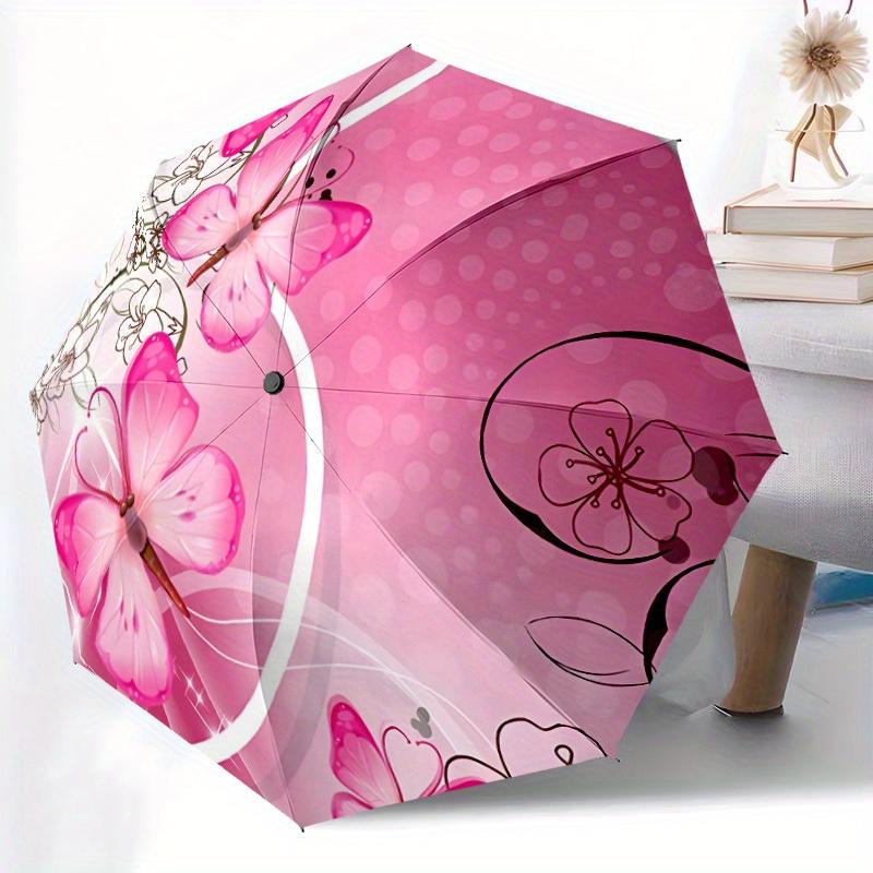 Pink Butterfly Automatic Folding Umbrella - 8-Rib Durable Frame, Compact Travel Design with Elegant Floral Pattern, All-Season