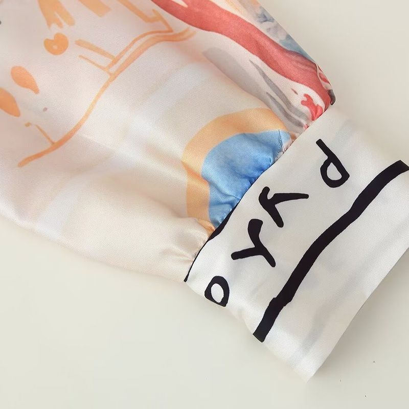 Kaslead New Women clothes Western Style Positioning Print Lapel Long sleeve Shirts Casual Trousers