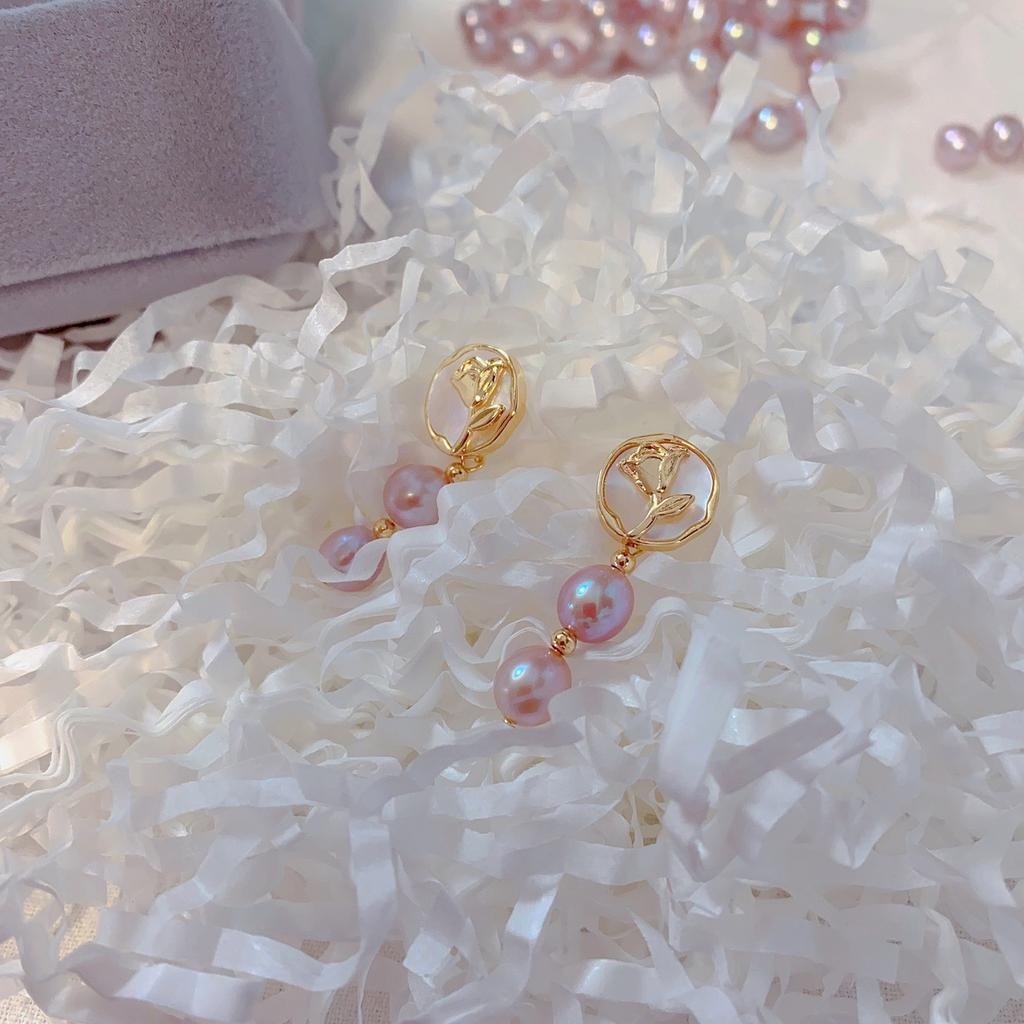 Delicate purple natural freshwater baroque pearl earrings, exuding a light luxury and vintage charm, featuring rose flower and mother-of-pearl