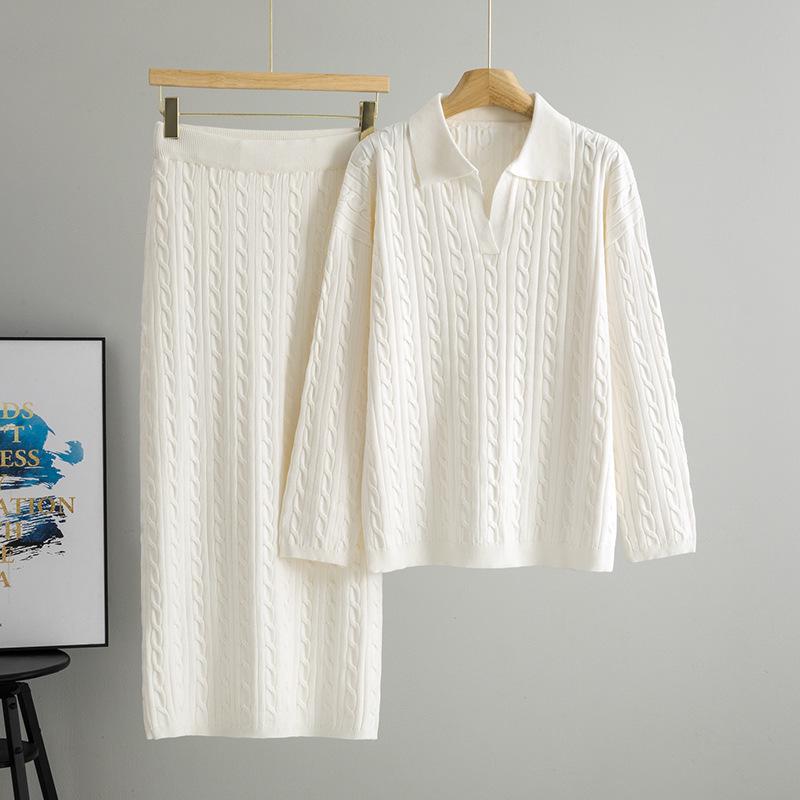Women's Cable Knit POLO Collar Sweater & Skirt Set - Autumn/Winter 2025 Age-Reducing Style