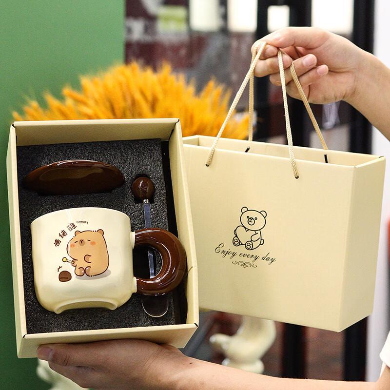 Cartoon Ceramic Mug Gift Set with Lid Gift Box Set
