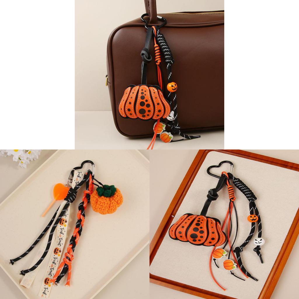 Halloween Pumpkin Leather Doublesided Keychain With Wooden Bead Chain For Bags And Accessories