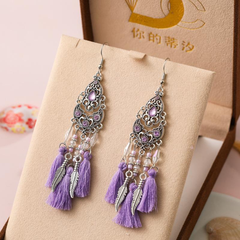 New Ethnic Temperament Tassel Earrings for Women Fashion Long Rhinestone Rice Bead Leaf Dangle Earring Wedding Party Jewelry