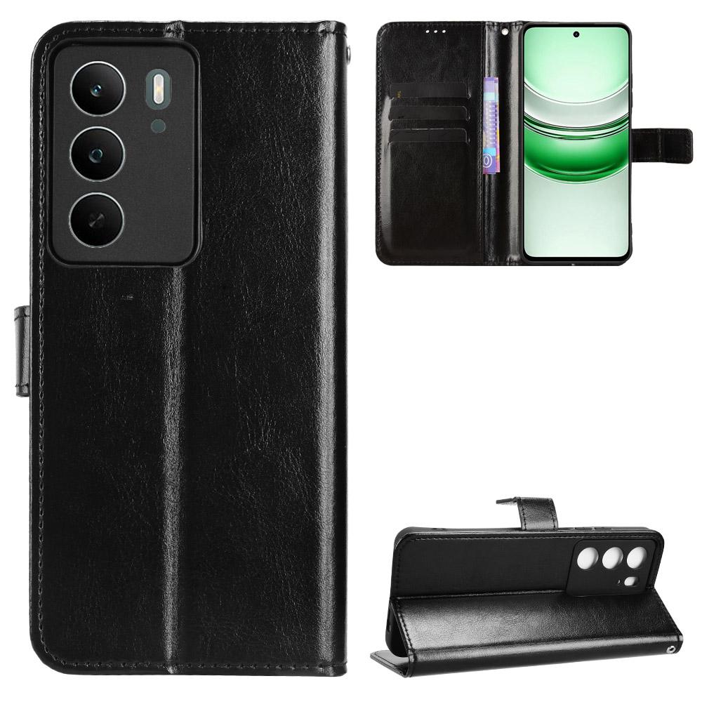 

For Realme C71 4G PU Leather Case with Strap Crazy Horse Texture Phone Wallet Cover Black