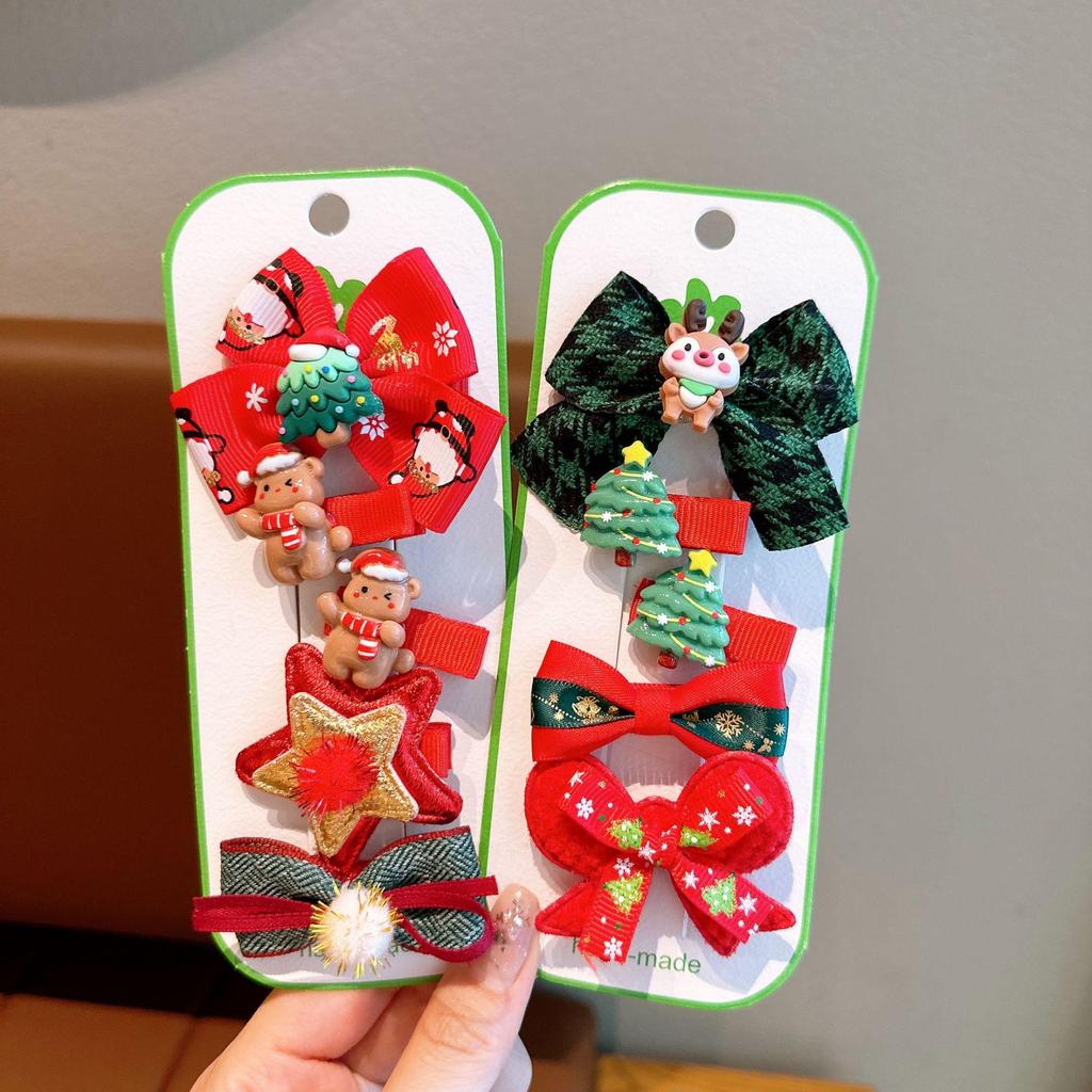 2024 Kids' Christmas Hair Clip Set: Santa, Tree, Reindeer - 5 Piece Holiday Collection