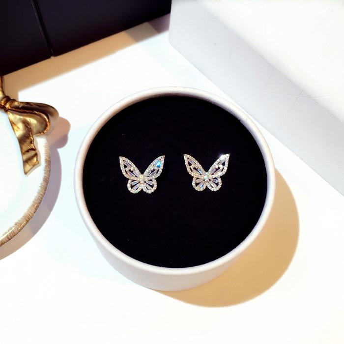 Silver Tone Full Zircon Stone Butterfly Earrings Female Temperament Korean Personality Minimalist Minimalist Wild Net Red Earrings Tremella