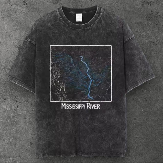 Mens Mississippi River Cotton T Shirt Washed Black Grunge Aesthetic S-4XL S